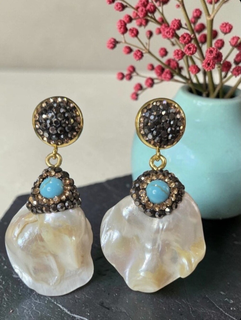 18k Gold Plated Turquoise Baroque Keishi Pearl Crystal Dangle Earrings